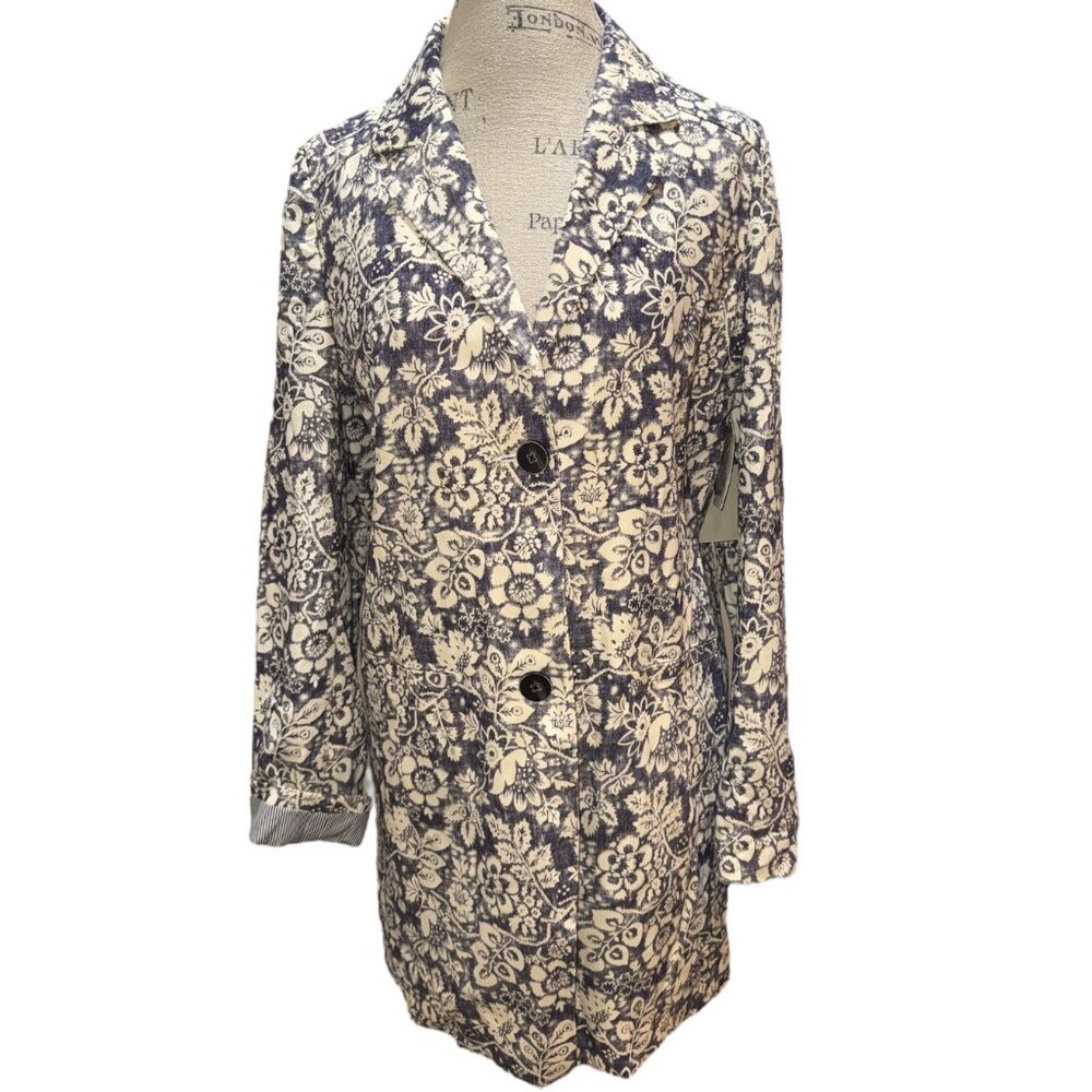 Hinge Indigo Blue & Ivory Floral Longline Button Trench Coat Women's Medium